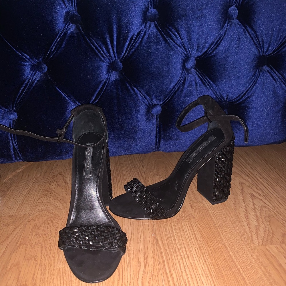 Zara Black Chunky Heel Studded Sandals sz 37